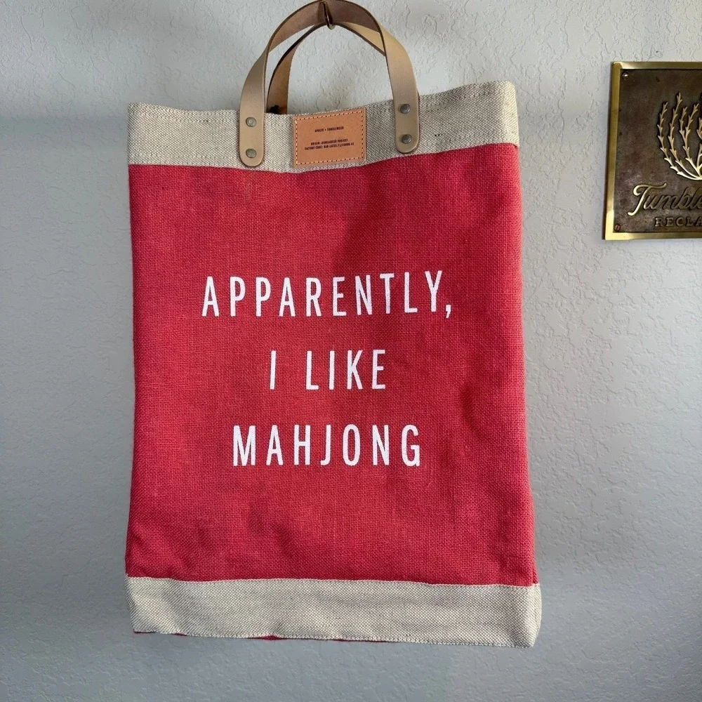 Apolis Red Jute Market Bag Apparently I Like Mahjong Leather Handle Tote NWT